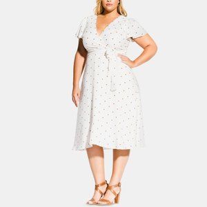 City Chic Dress 14 Women Plus White Dot Print V-Neck Short Sleeve Faux-wrap Midi